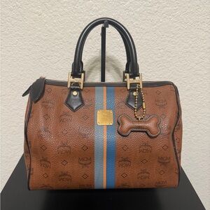 MCM Cognac Visetos Bowling Bag with Blue and Orange Stripe